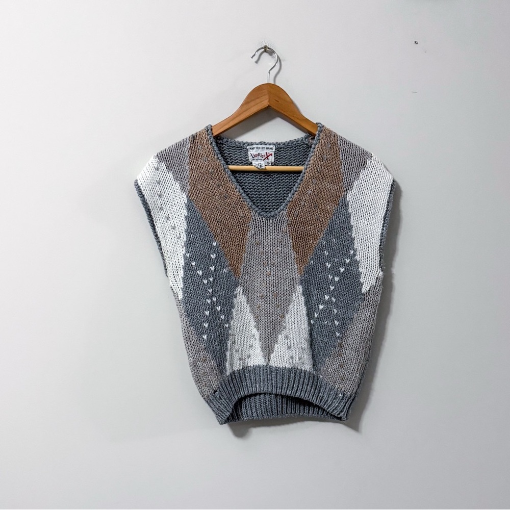 3/$20⚡️ Vtg Licorice Geometric Hand Knit Gray Sleeveless Sweater Vest V-Neck